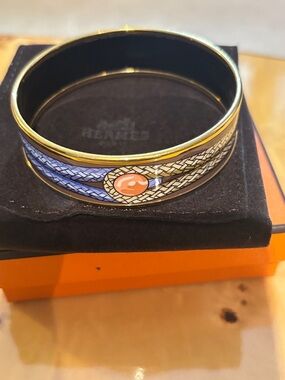 Hermes Blue and Orange Enamel Bangle with Gold Trim